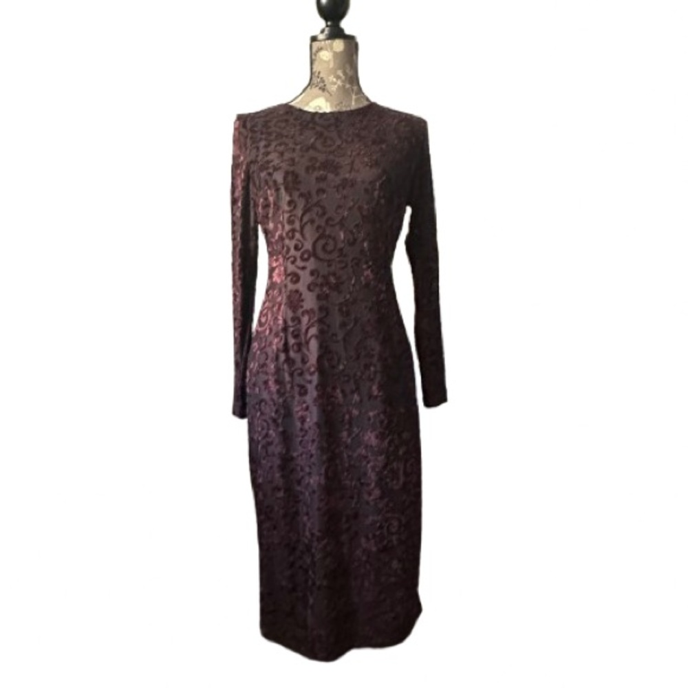 Maggy London Women's 10 Deep Wine Burgundy Boho Long Sleeve Midi Sheath Dress